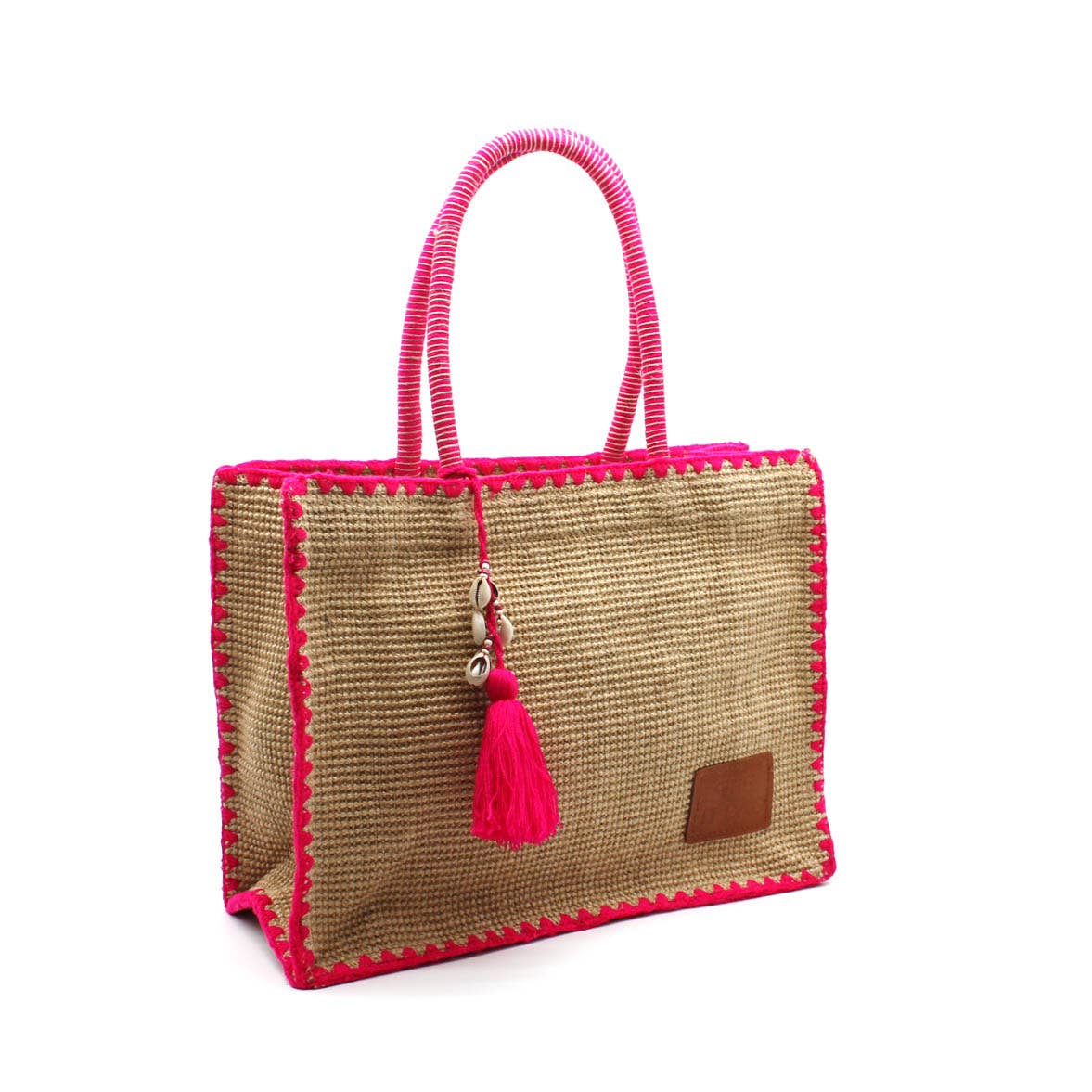 The It Bag Jute Strandtasche Beige Fuchsia Türkis Muschel Quaste Sommer Tasche