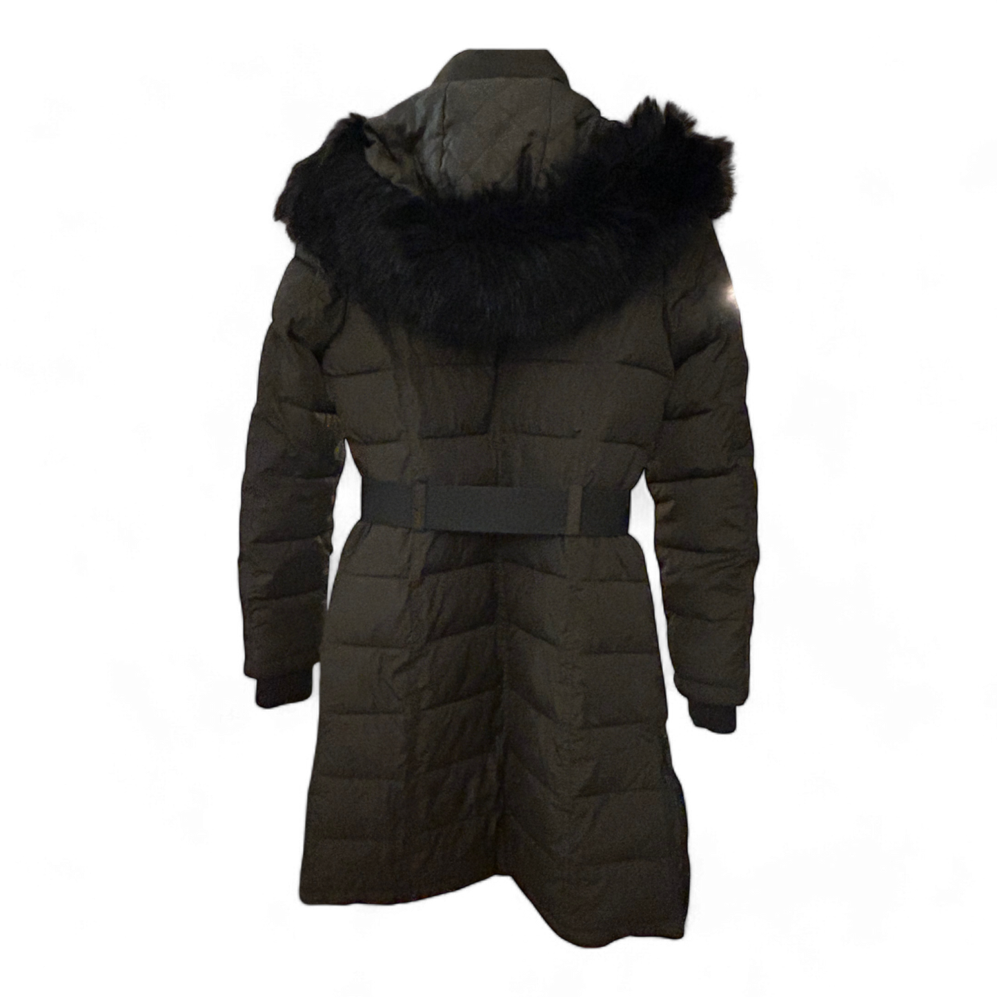 French Connection Damenmantel Gr. XS – Schwarz, tailliert, mit Kunstfellkapuze