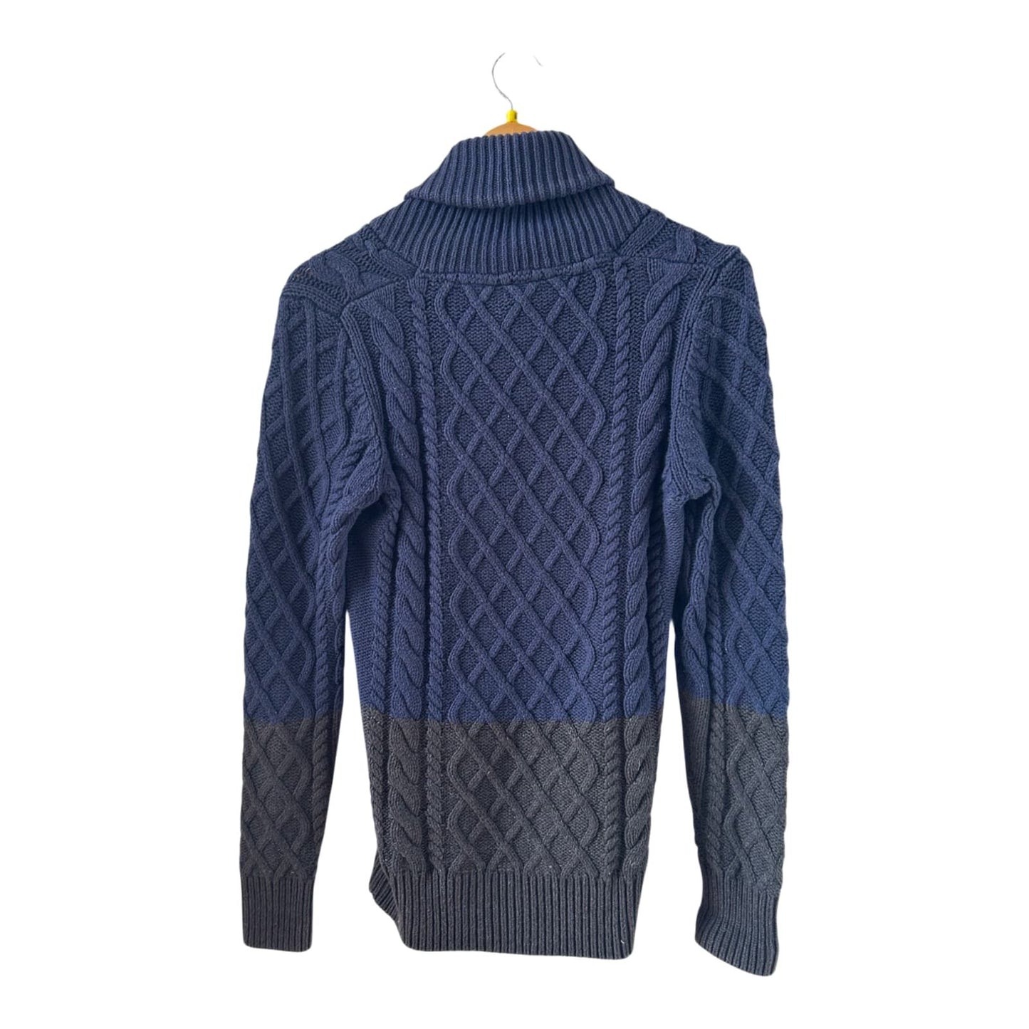 Element Strickpullover Herren S Blau Grau Baumwolle Schalkragen Zopfmuster Warm