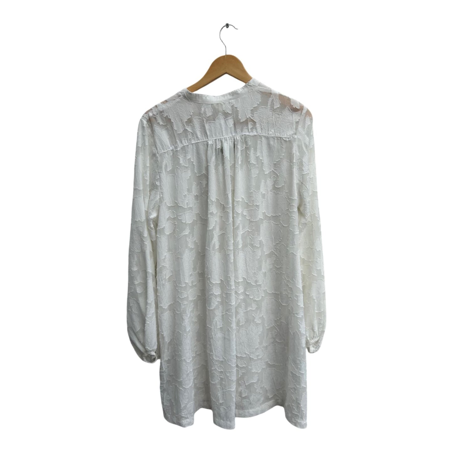 H&M Bluse Damen Tunika Gr 46 Weiß Transparent Struktur Langarm V-Ausschnitt Elegant