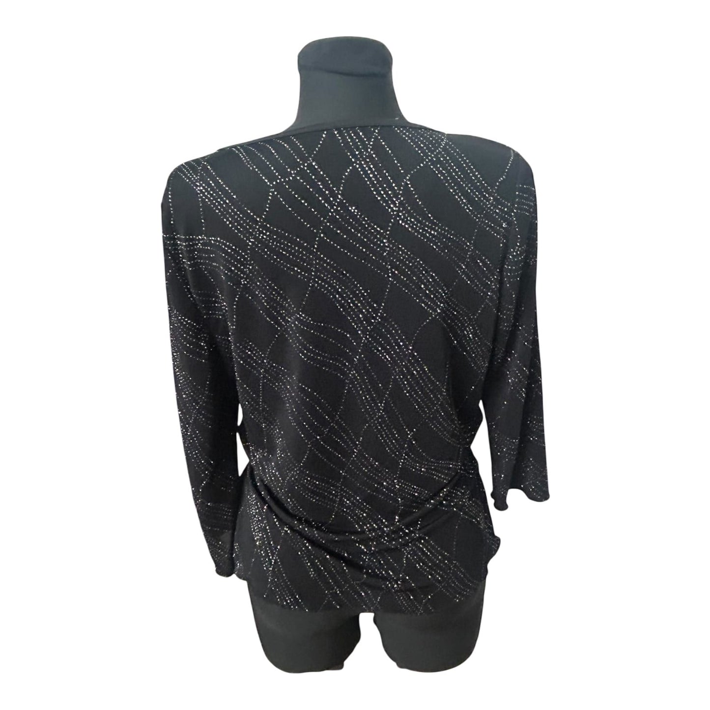 Damen Bluse Elegant Gr 40 Schwarz Silber Glitzer Strass Wickeloptik 3/4 Arm