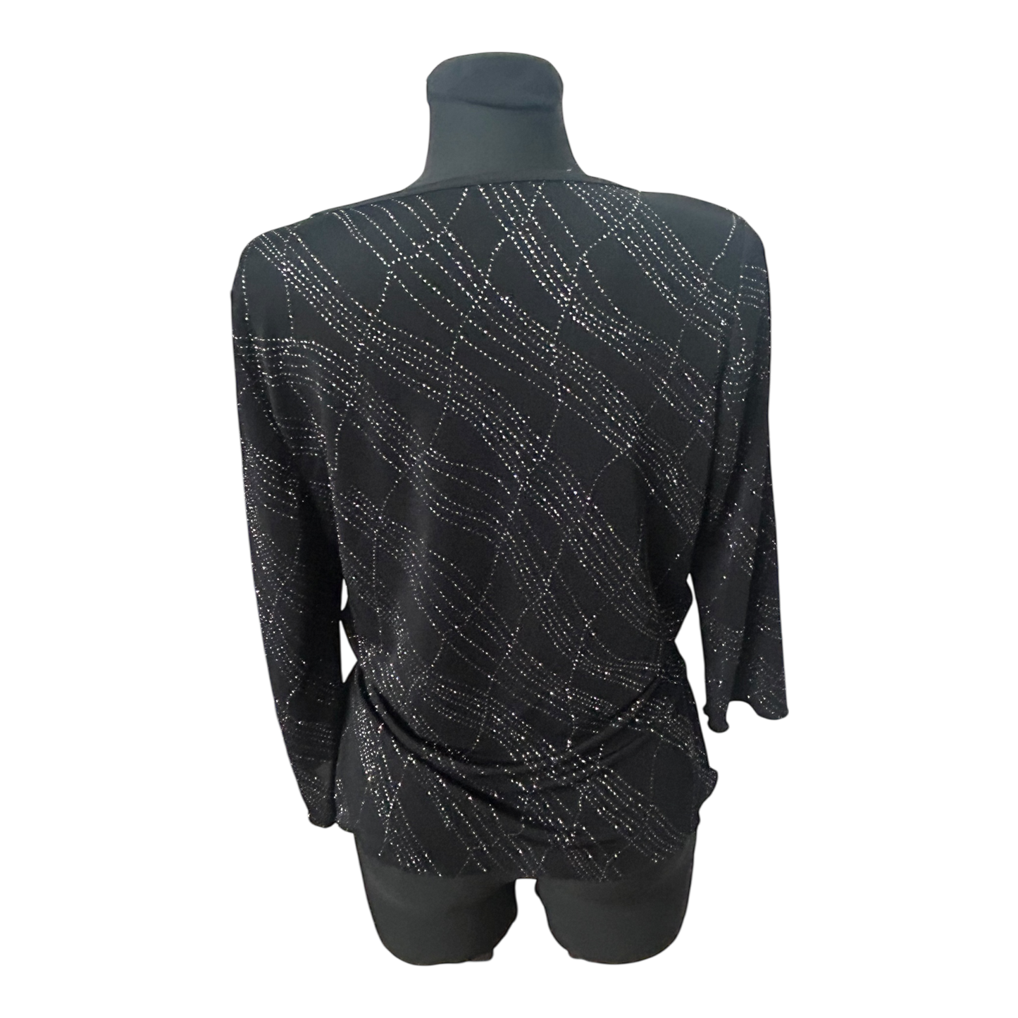 Damen Bluse Elegant Gr 40 Schwarz Silber Glitzer Strass Wickeloptik 3/4 Arm