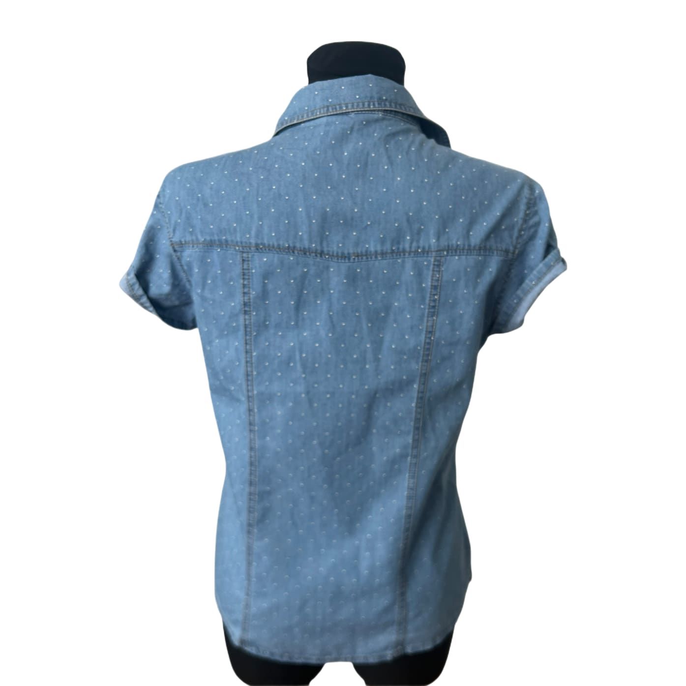 Yessica Damen Jeansbluse Kurzarm Gr 36 Blau Gepunktet Casual Baumwollmix