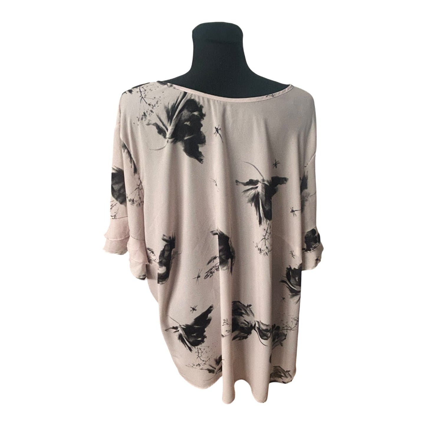 Bonprix Damen Bluse Größe 54 Rosé Schwarz Muster V-Ausschnitt 3/4-Arm