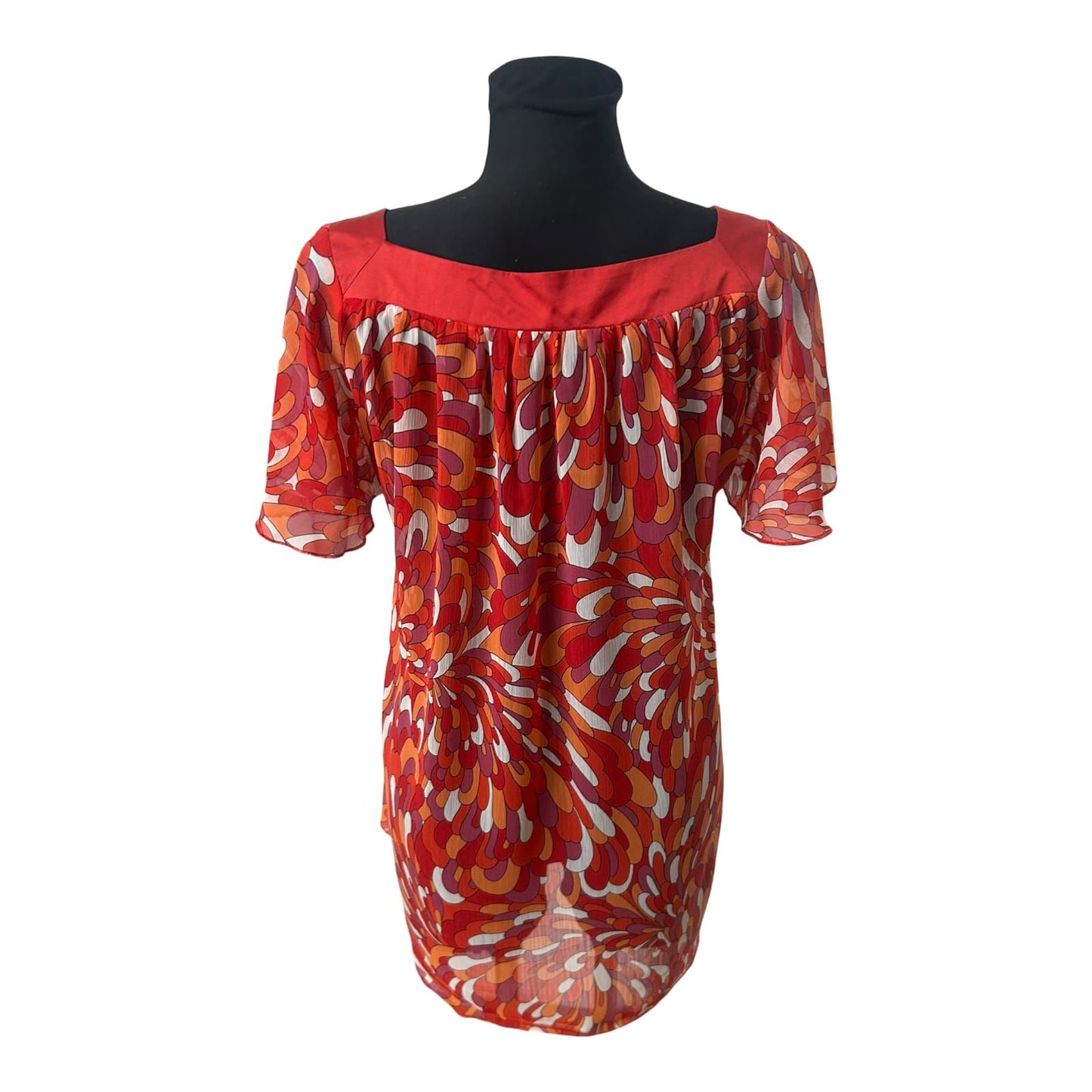 Orsay Bluse Damen Gr 42 Rot Orange Pink Kurzarm Transparent Sommer Casual
