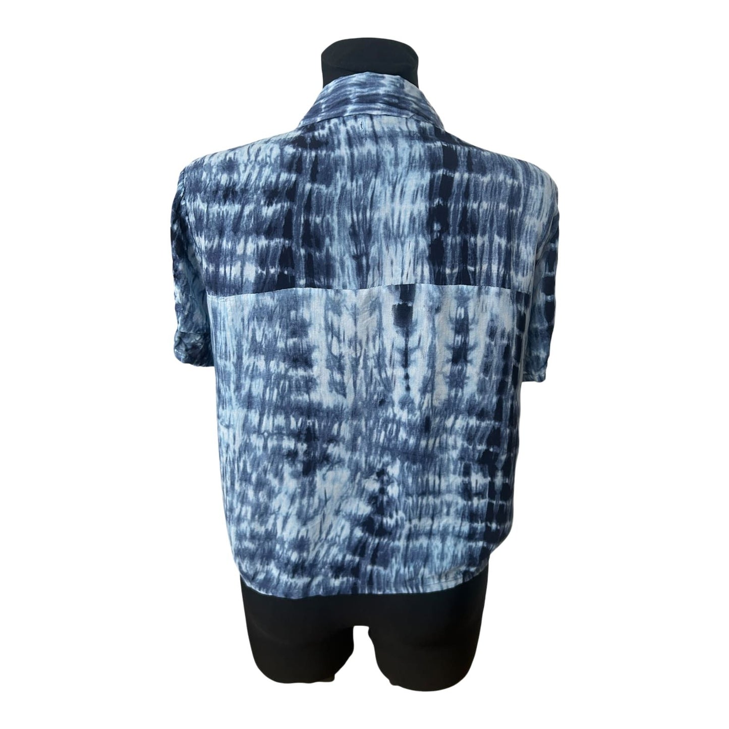 Pull&Bear Damen Bluse Kurzarm Batik Blau Weiß Sommer Casual Gr L