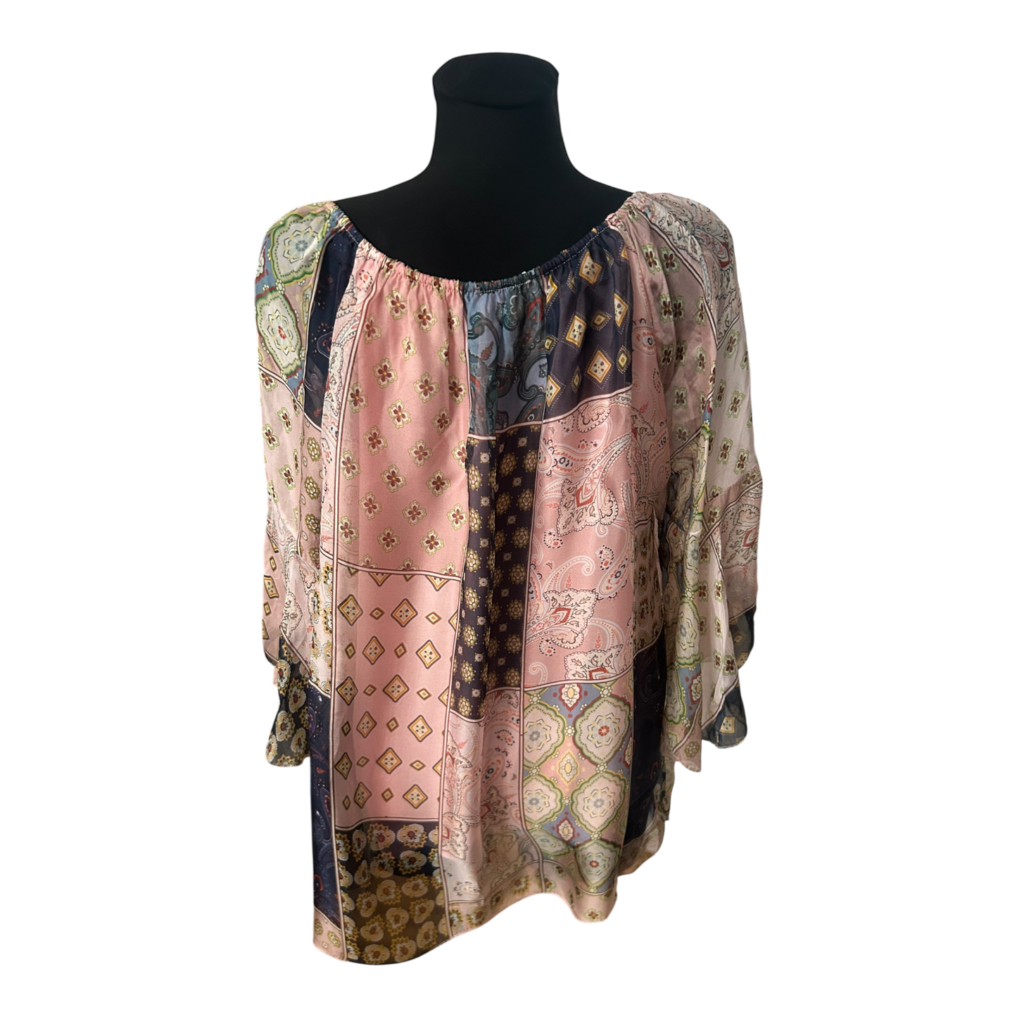 Damen Bluse Tunika Gr L Patchwork Muster Seide Viskose 3/4 Arm Elegant