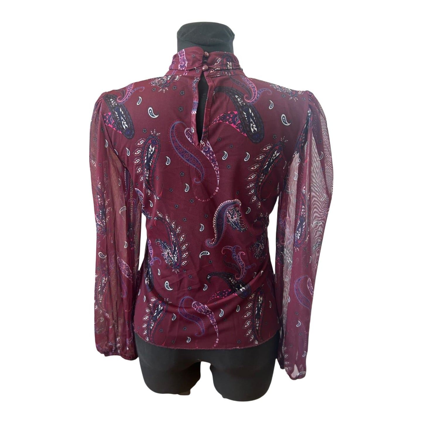 Transparente Damen Bluse Paisley Muster Bordeaux Langarm Größe S Elegant