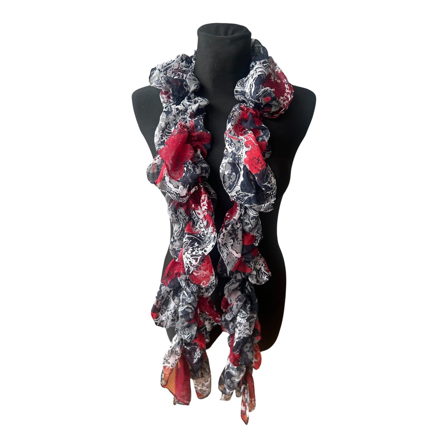 Schmaler Damen Schal mit Gummizug floral gemustert in Rot Grau Schwarz