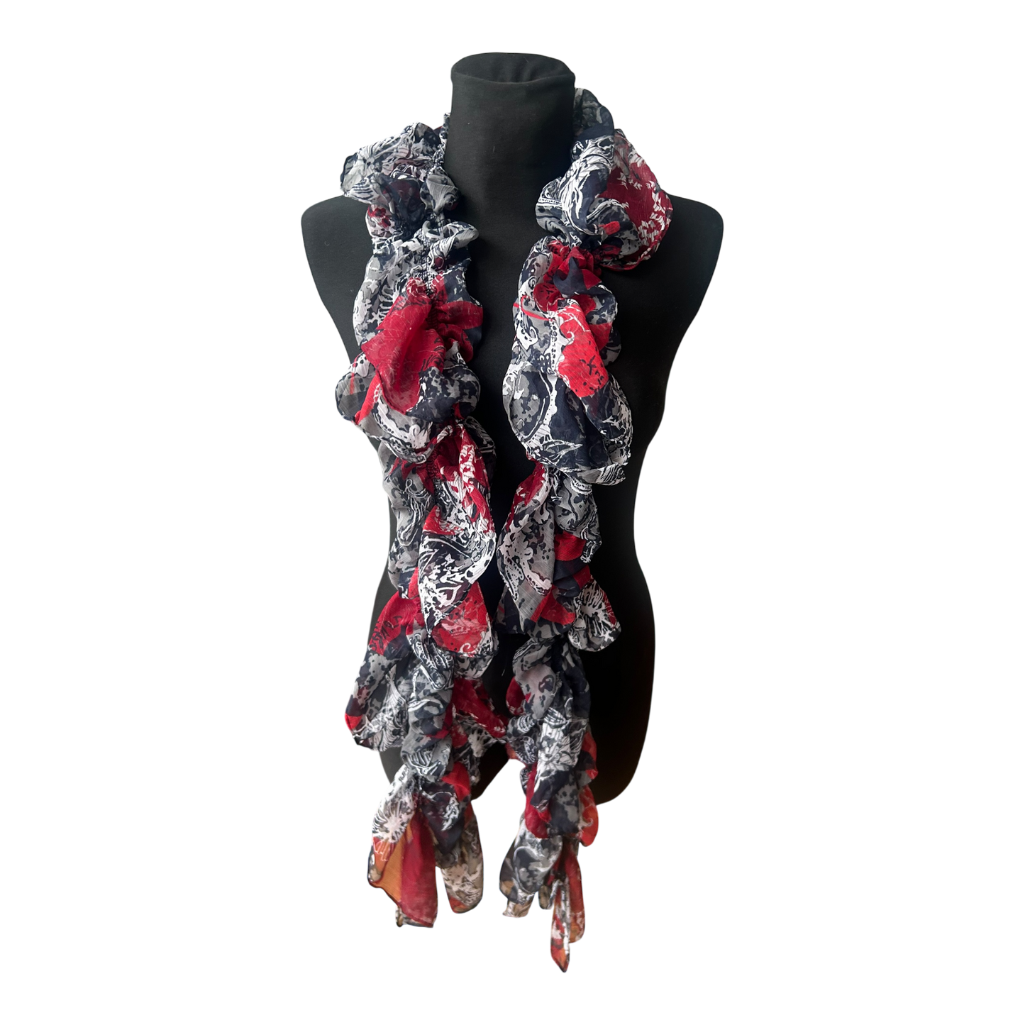 Schmaler Damen Schal mit Gummizug floral gemustert in Rot Grau Schwarz