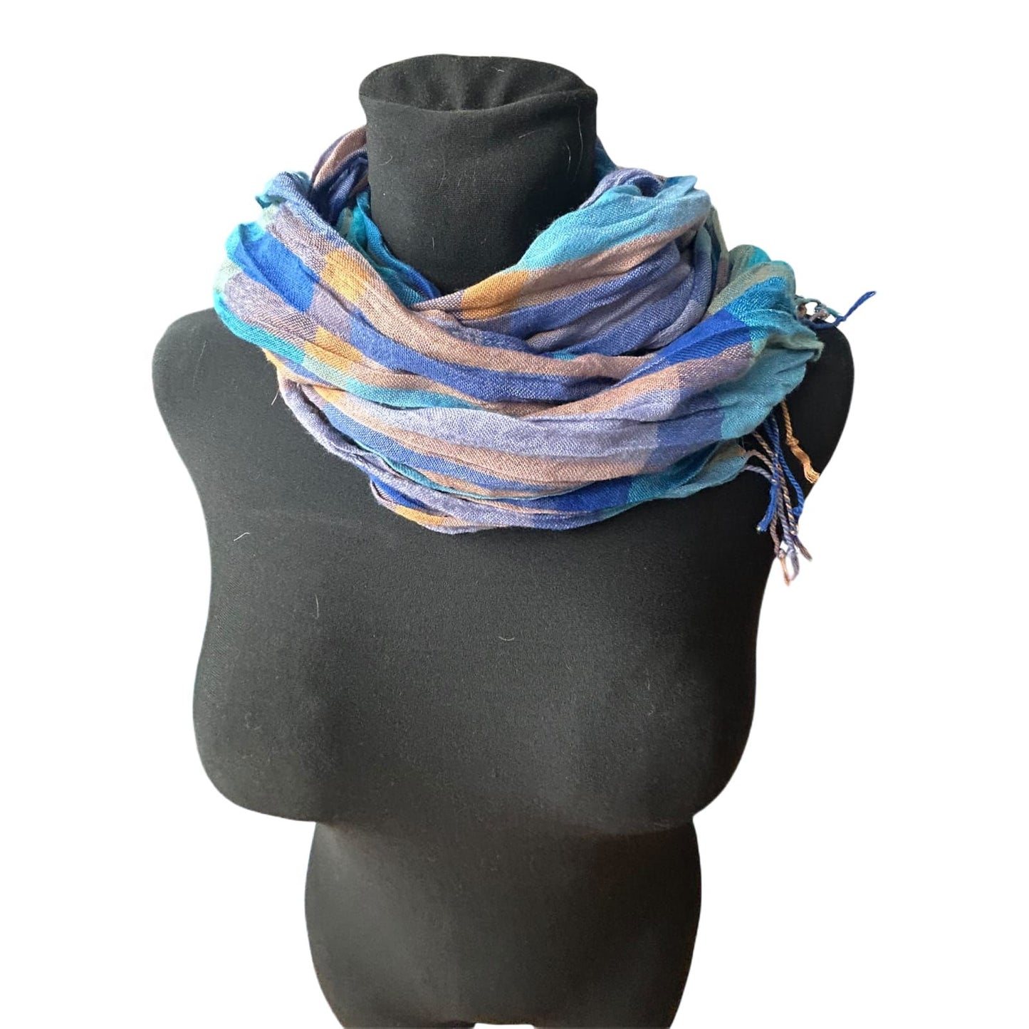 Damen Schal kariert blau türkis braun Knitteroptik weich mit Fransen