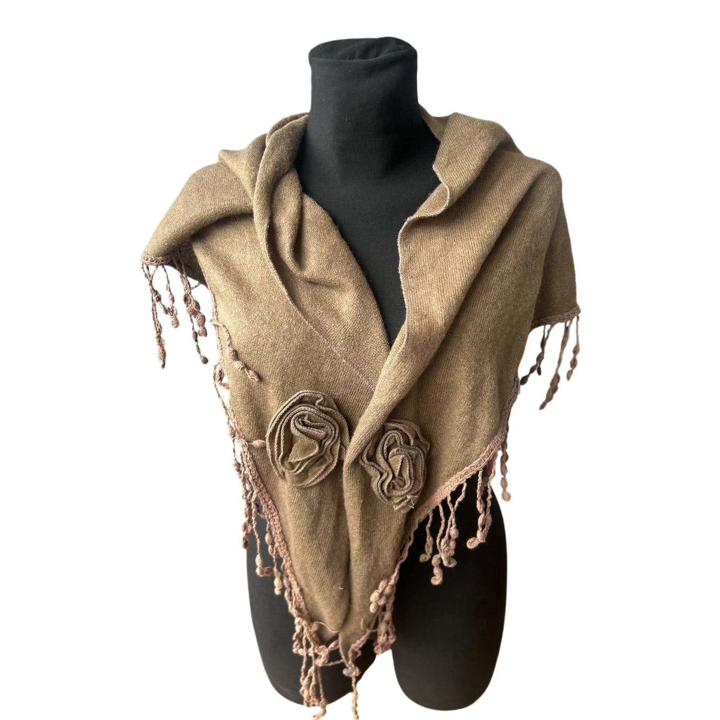 Damen Schal braun weich stretchig mit Blüten Applikation Fransen elegant