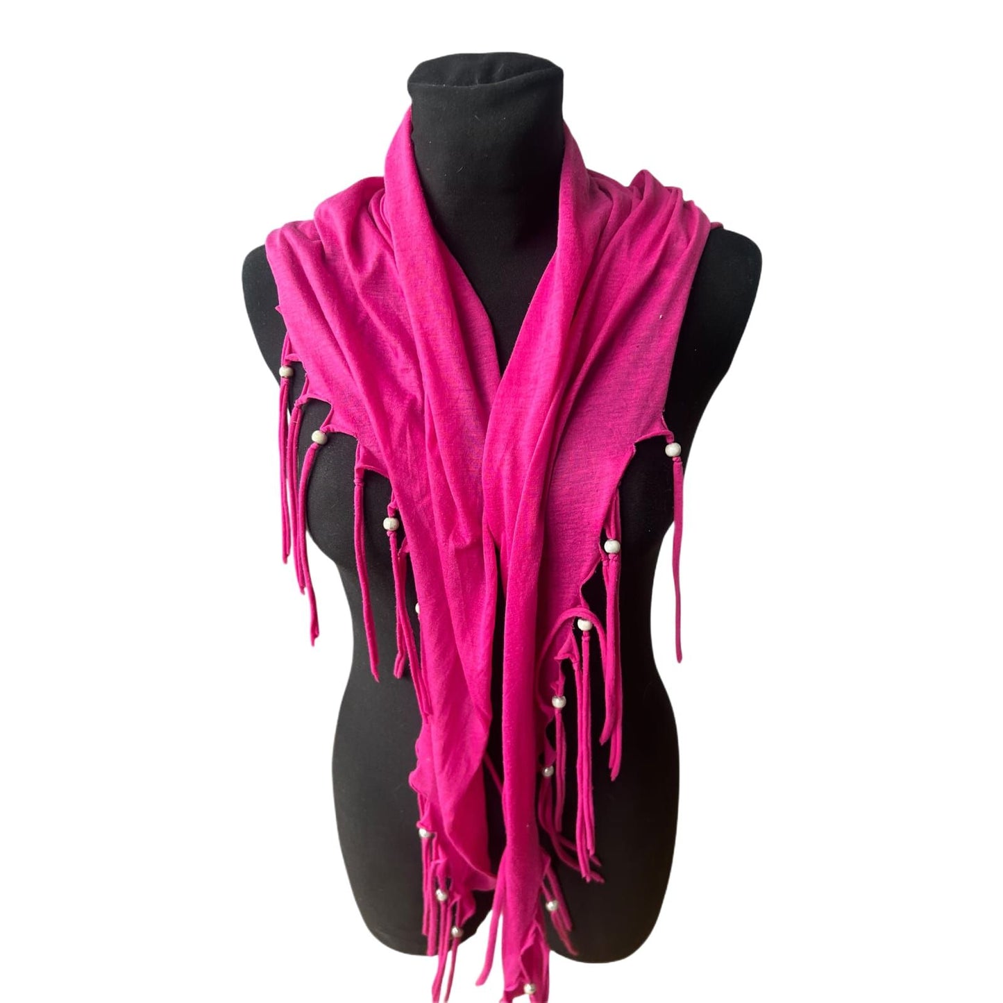 Damen Schal Pink mit Fransen Perlen weich leicht Sommer Tuch