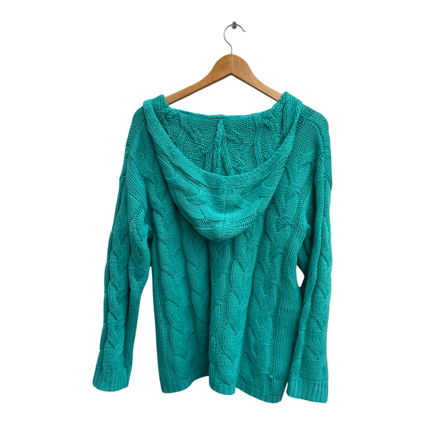 Damen Pullover Gr M Petrol Zopfmuster Kapuze V Ausschnitt Strick Hoodie Sweater