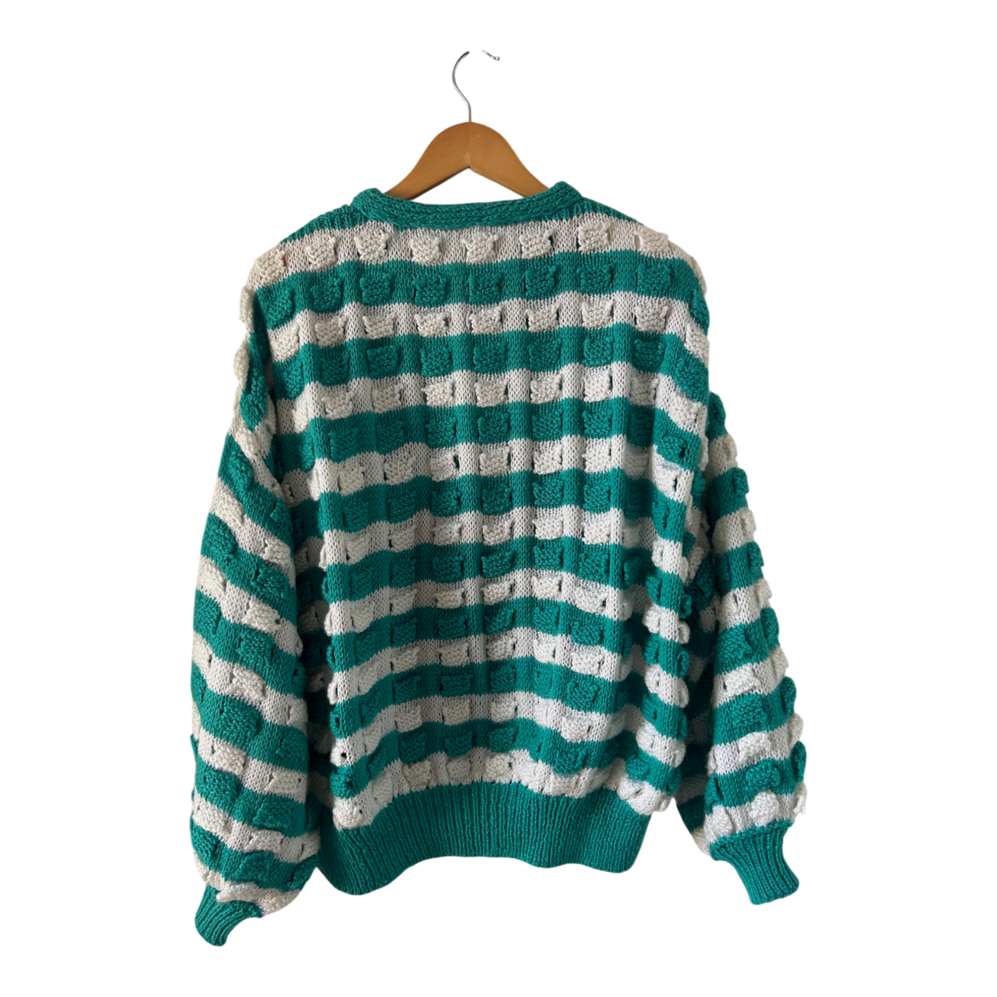 Damen Pullover Oversize Gr XL Petrol Weiß Gestreift V Ausschnitt Baumwolle Vintage