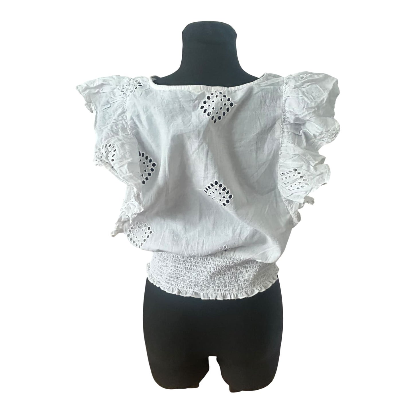 Only Damen Bluse Größe M Weiß Baumwolle Lochstickerei Rüschen Sommer