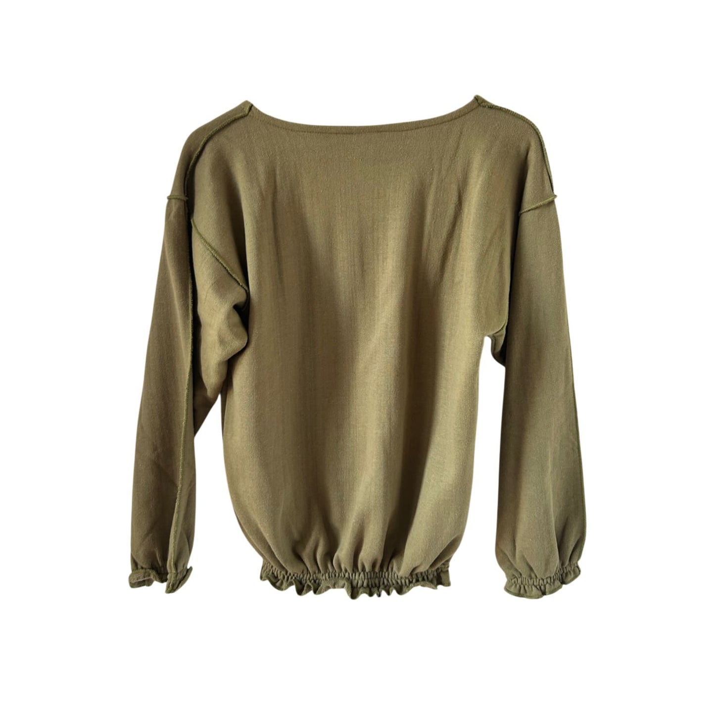 Vintage Shirt Damen Gr M Khaki Baumwolle 80er Langarm Geometrie Ziernähte Retro