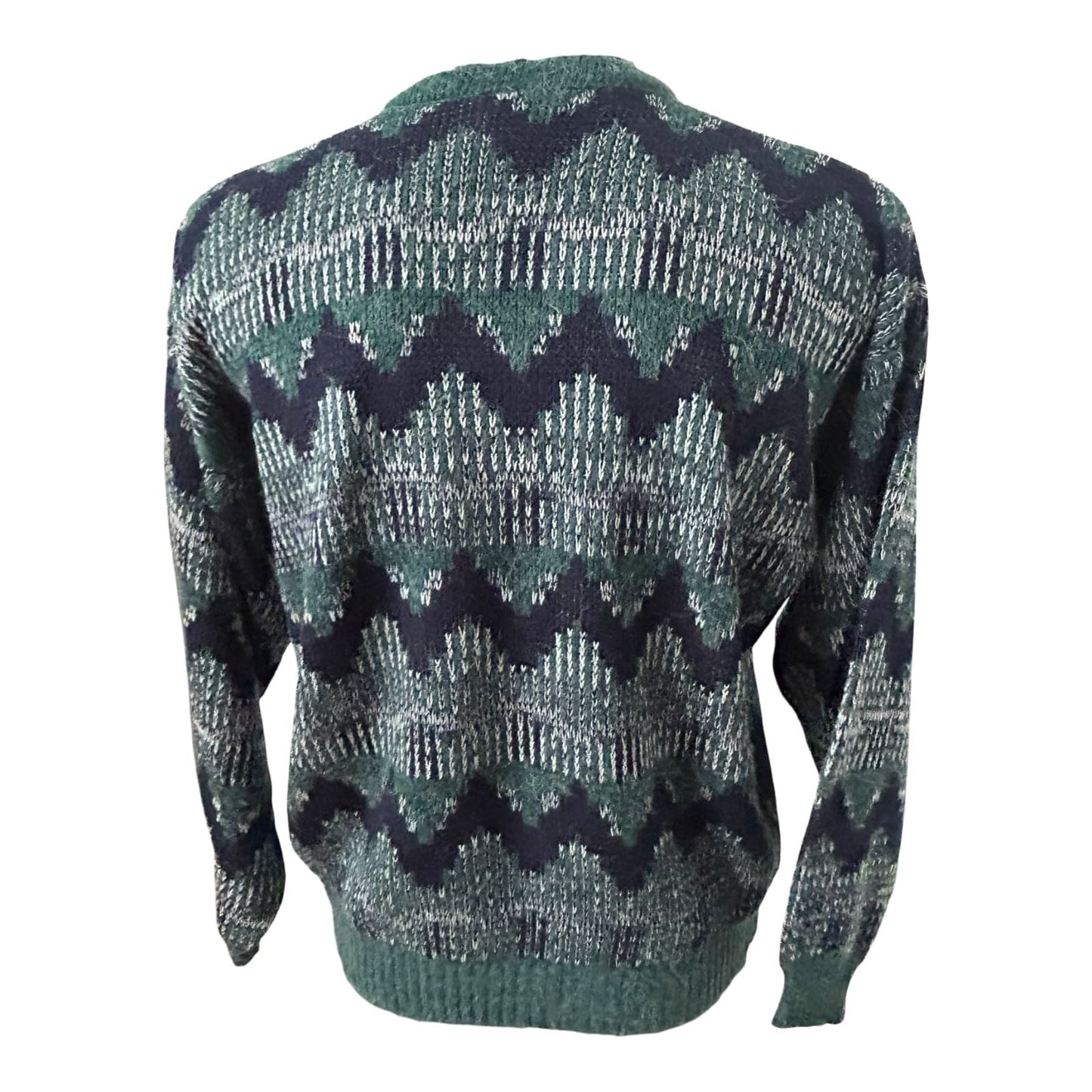 C&A Vintage Herren Pullover Grün Blau Muster Strick Gr L 52 Retro V-Ausschnitt