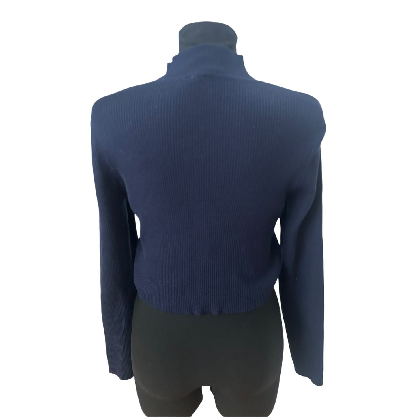 H&M Pullover Damen Gr L Dunkelblau Crop Stehkragen Stretch Feinripp Modern
