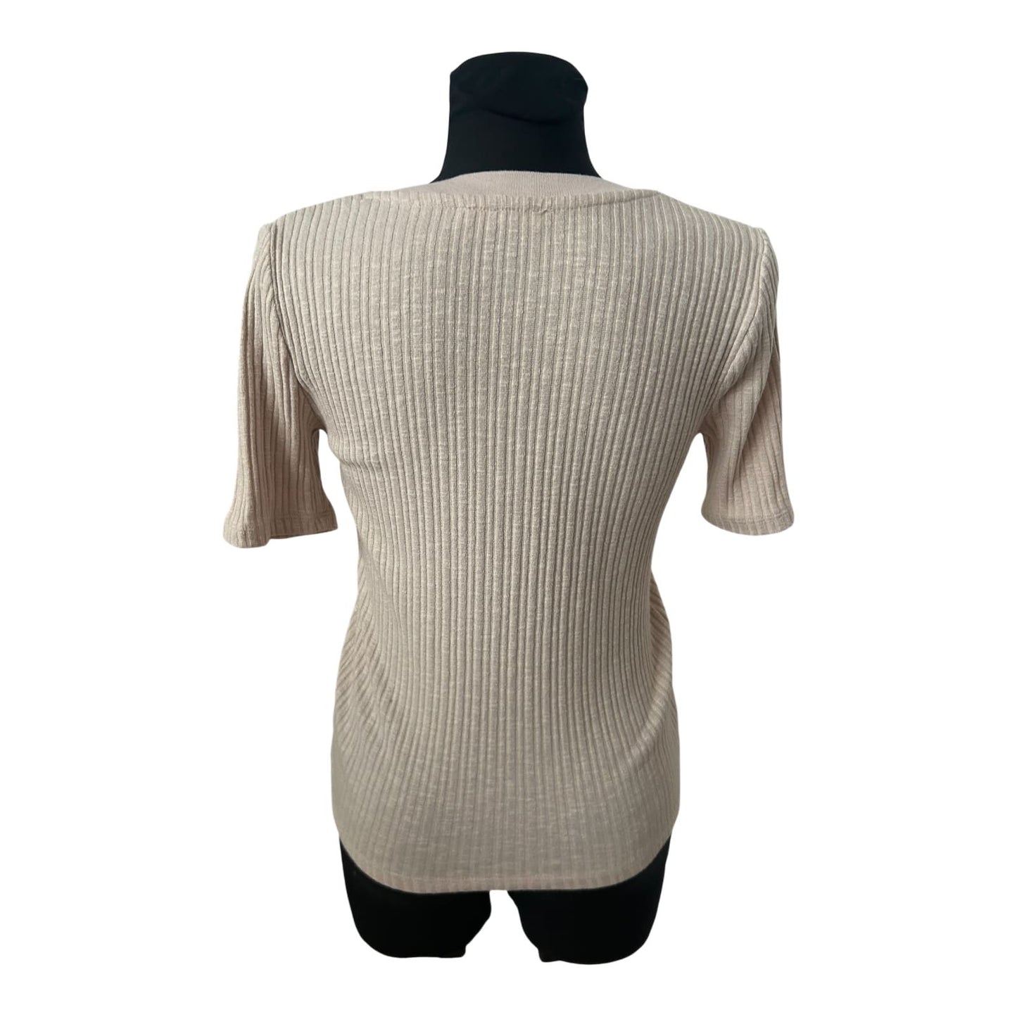 Mango Strickpullover Damen Gr M Beige Kurzarm Basic Baumwollmix Stretch Sommer