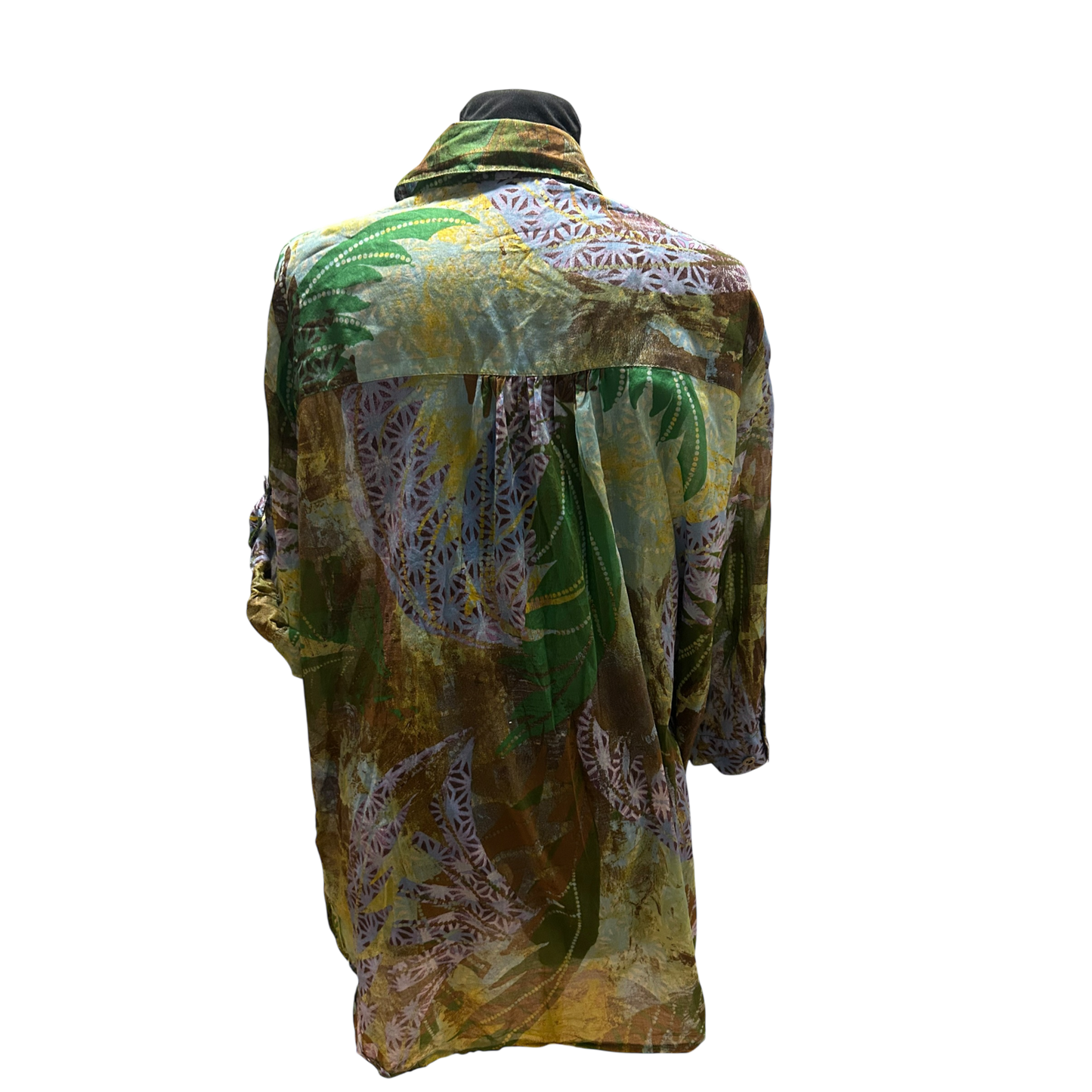 Ulla Popken Bluse Damen Gr 50 Grün Braun Baumwolle Krempelarm Lang