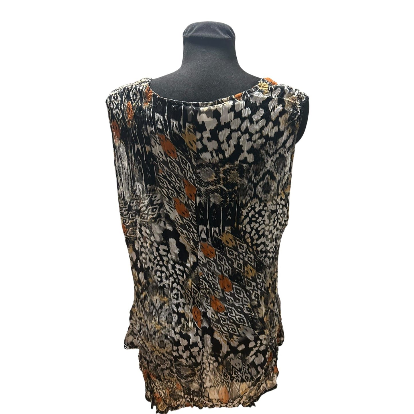 C&A Bluse Damen Gr 46 Braun Schwarz Muster Ärmellos Leicht Transparent