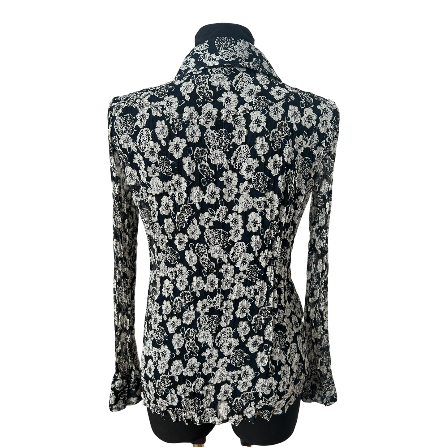 s.Oliver Bluse Damen Gr 42 Schwarz Weiss Blumen Crash Plissee