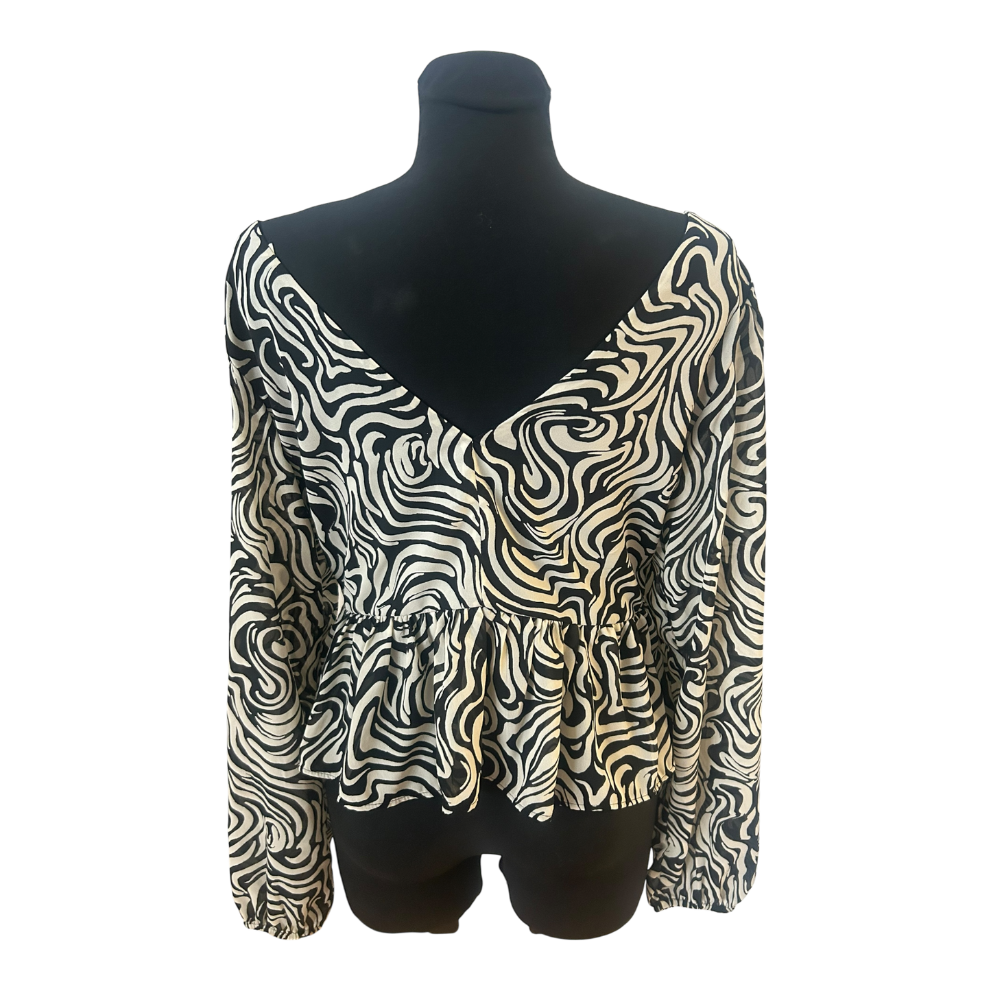 H&M Bluse Damen Gr M Beige Schwarz Muster Weit Ausschnitt Puffaermel