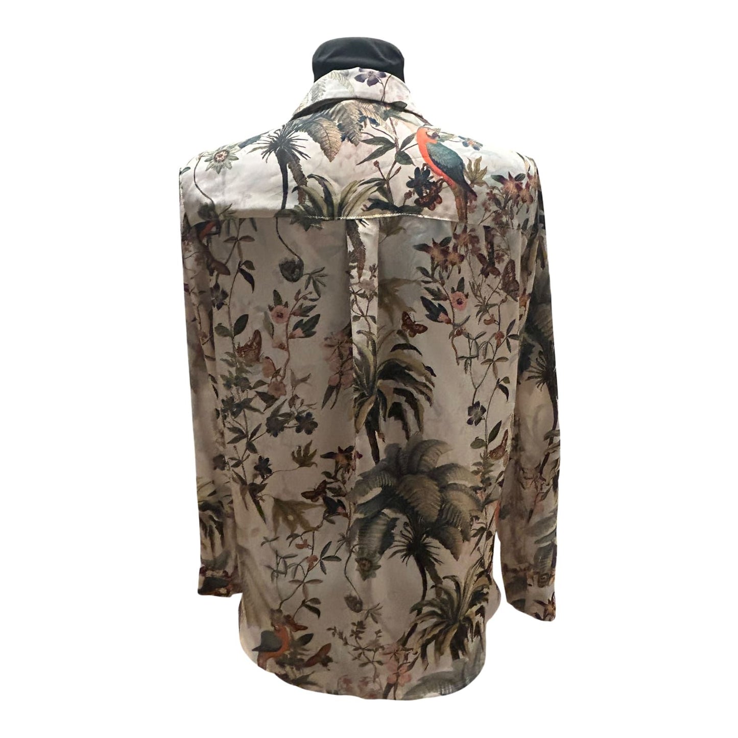 H&M Bluse Damen Gr 38 Beige Grün Dschungel Print Langarm Elegant Chic
