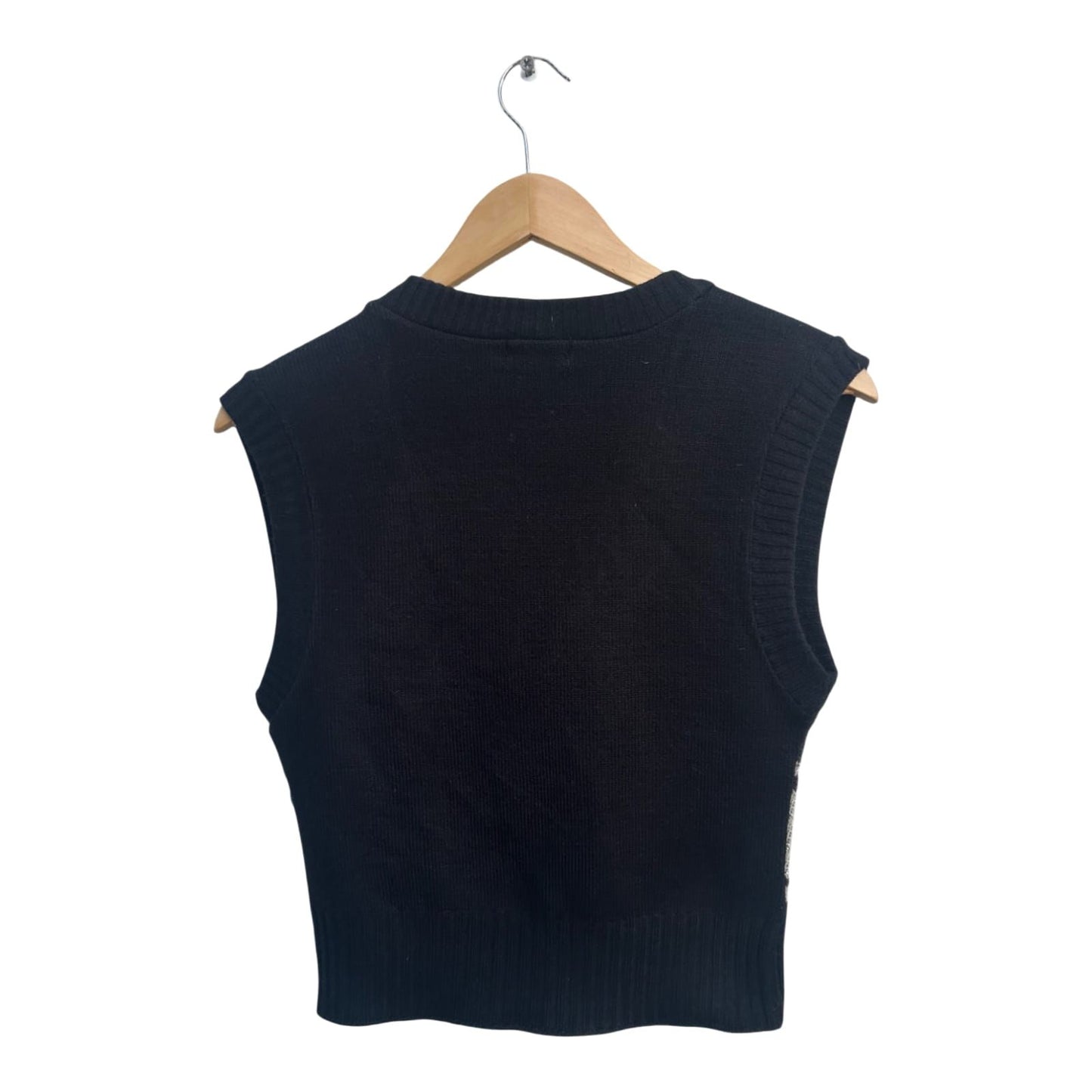 Funkydiva Pullunder Damen Gr M Schwarz Grau Kariert Glitzer V-Ausschnitt Trend