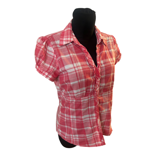 1982 Bluse Damen Gr L Pink Kariert Kurzarm Baumwolle Sommerlook