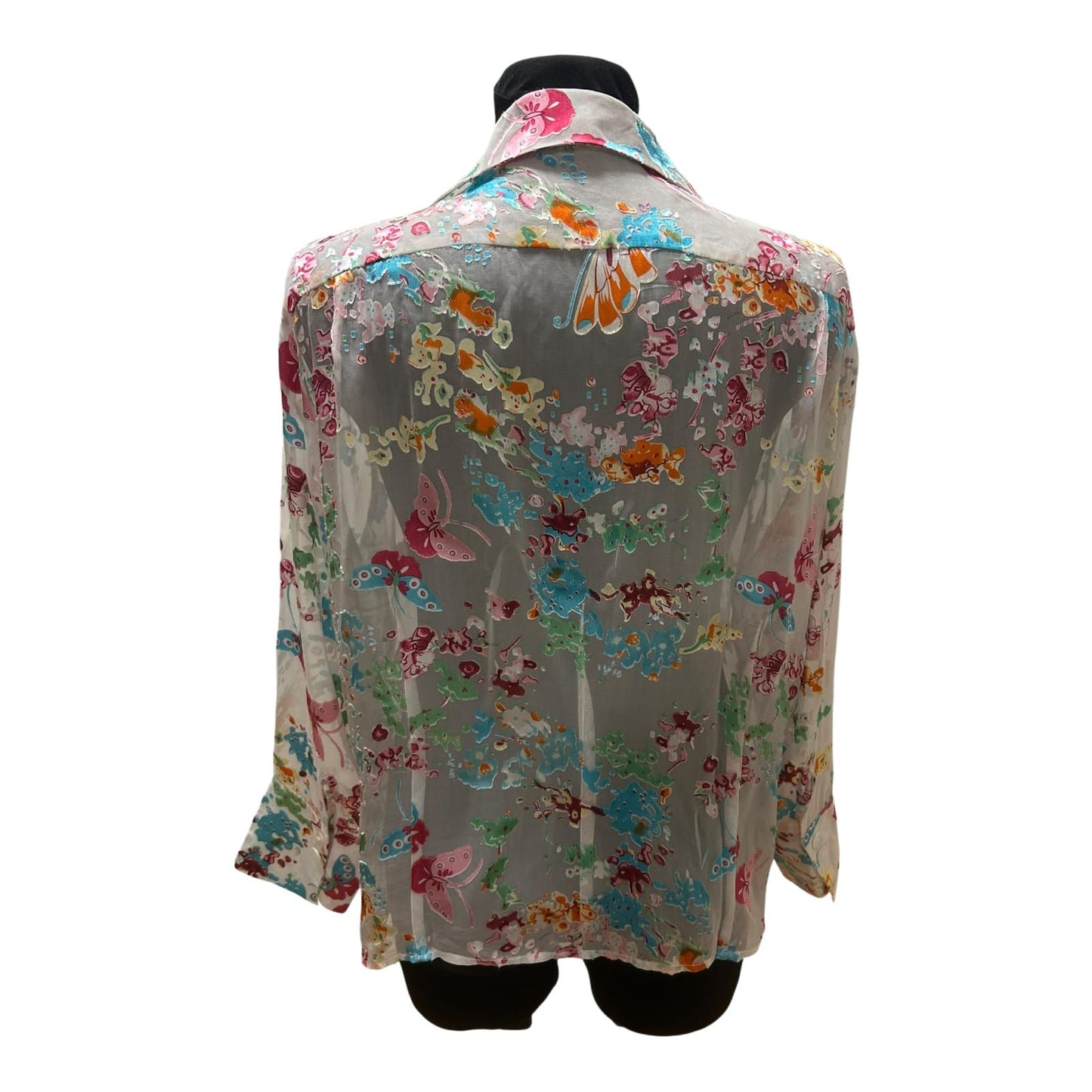 Eva B Bitzer Bluse Damen Gr 46 Seide Transparent Schmetterling Luxus wie Neu!