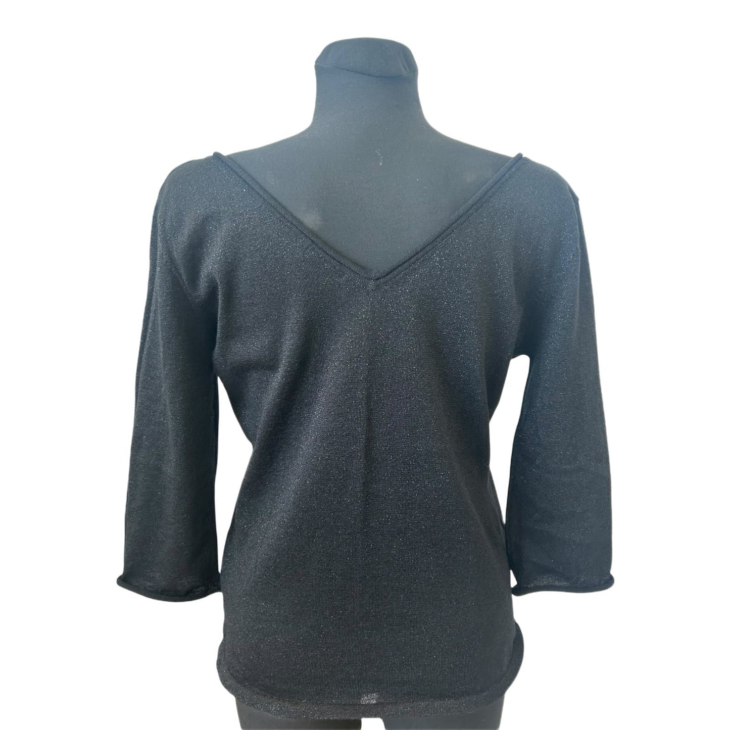 H&M Shirt Damen Gr L Schwarz Glitzer 3/4 Arm V-Ausschnitt Rücken Party Chic