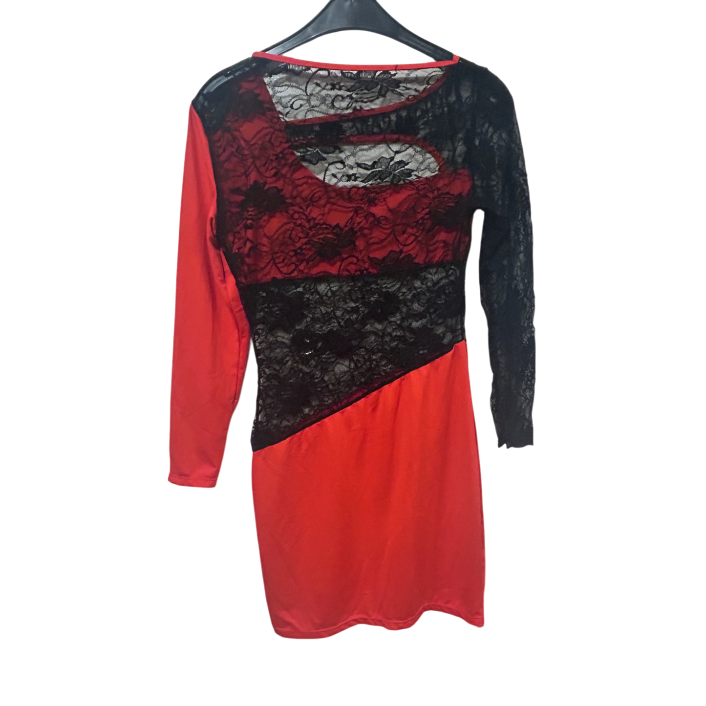 Kleid Damen Dress Gr. M Rot Schwarz Spitze Langarm Sexy Elegant Stretch Look Neu