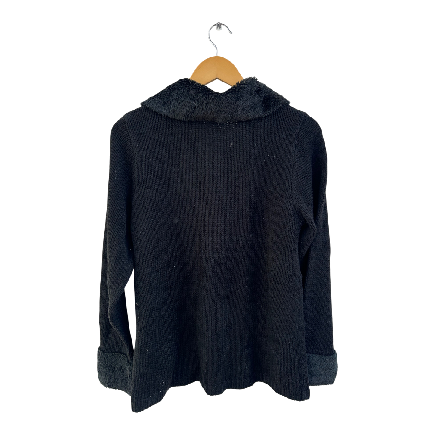 Okay Strickjacke Damen Gr 38 Schwarz Kunstfellkragen Elegant Doppelreiher Warm