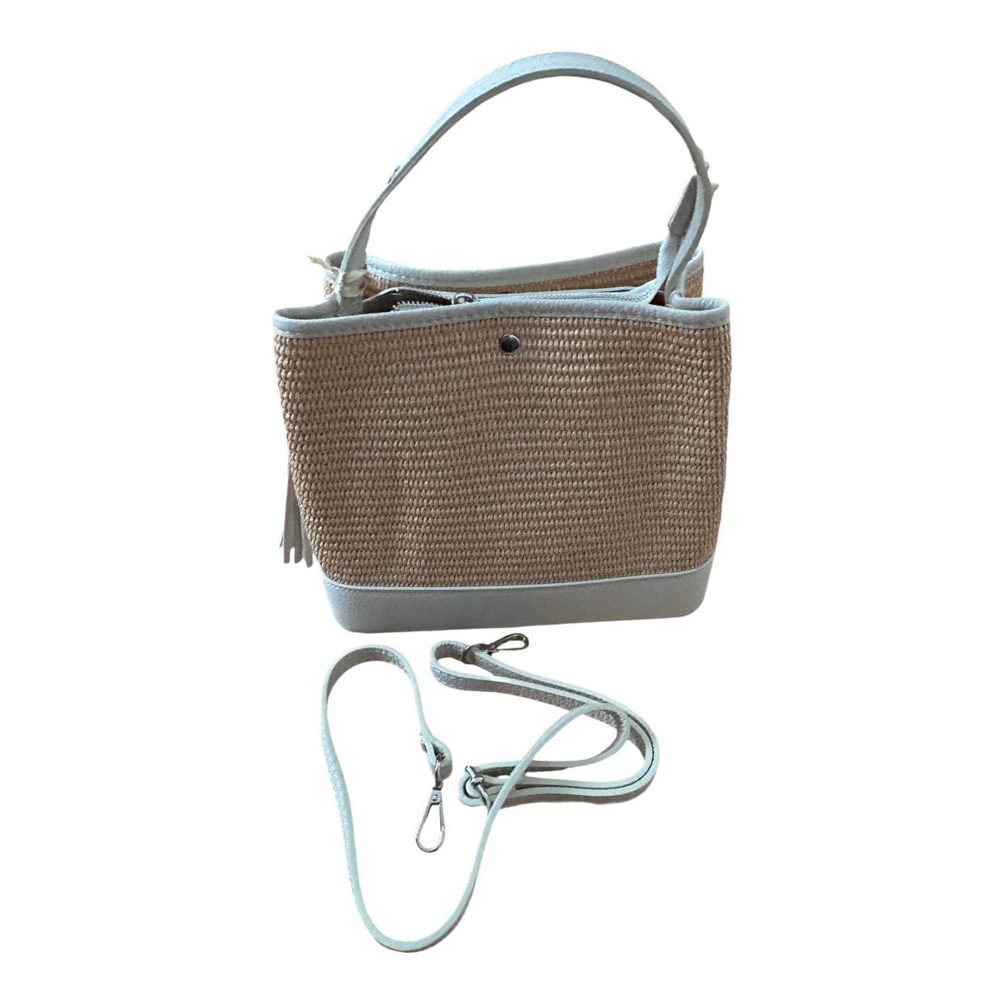 Bucket Bag Beige Echtleder Raffia Tasche Italien Sommer Handtasche Elegant Neu