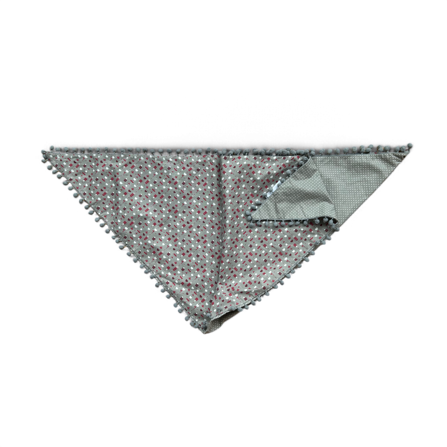 🔺 Doppelseitiges Dreieckstuch mit Blumen & Herzen – Baumwolle mit Bommeln