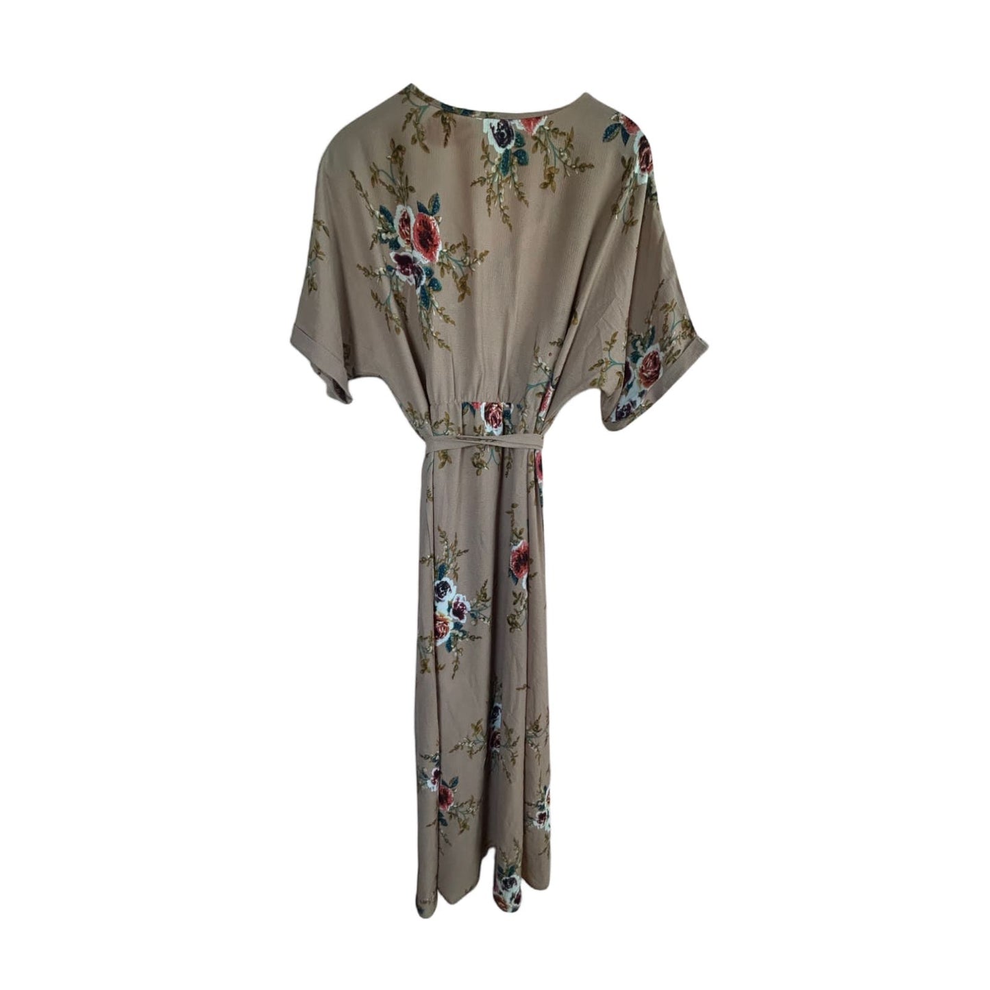 Kleid Damen Dress Maxikleid Gr. 6XL Taupe Blumen Wickeloptik Gürtel Boho Elegant