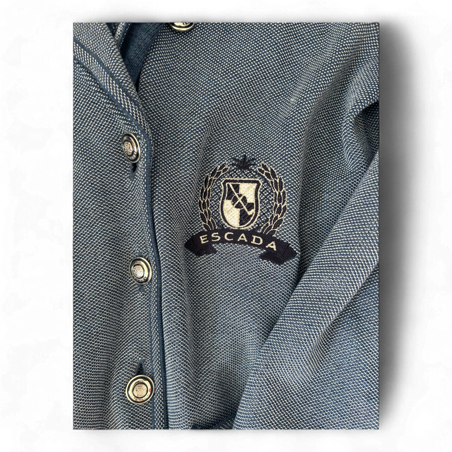 Escada Strickblazer Damen 40 Blau 70 % Schurwolle Wappen Knöpfe Elegant