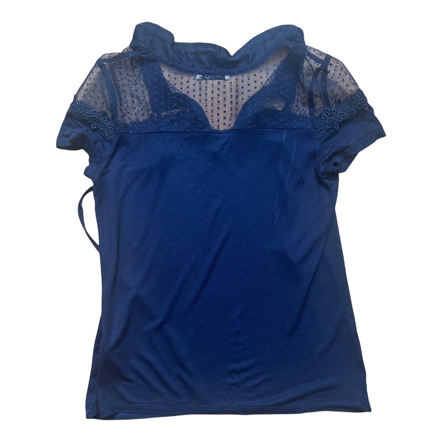 Orsay Damen Bluse XS Blau Viskose Spitze Transparent Kurzarm Sommer Oberteil