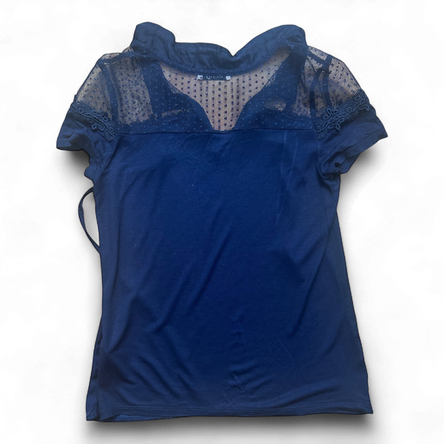 Orsay Damen Bluse XS Blau Viskose Spitze Transparent Kurzarm Sommer Oberteil