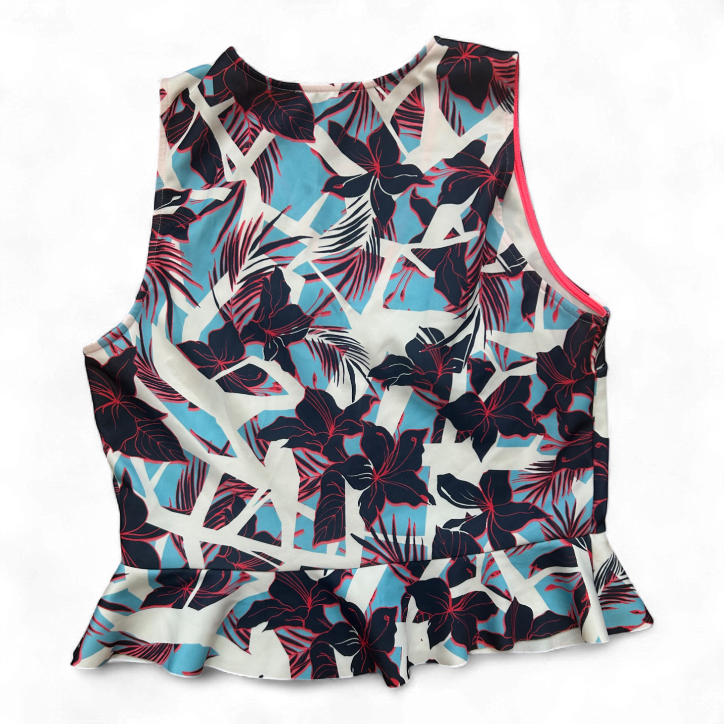 Zara Damen Top L Blumenprint Sommer Oberteil ärmellos weiß blau rot Muster