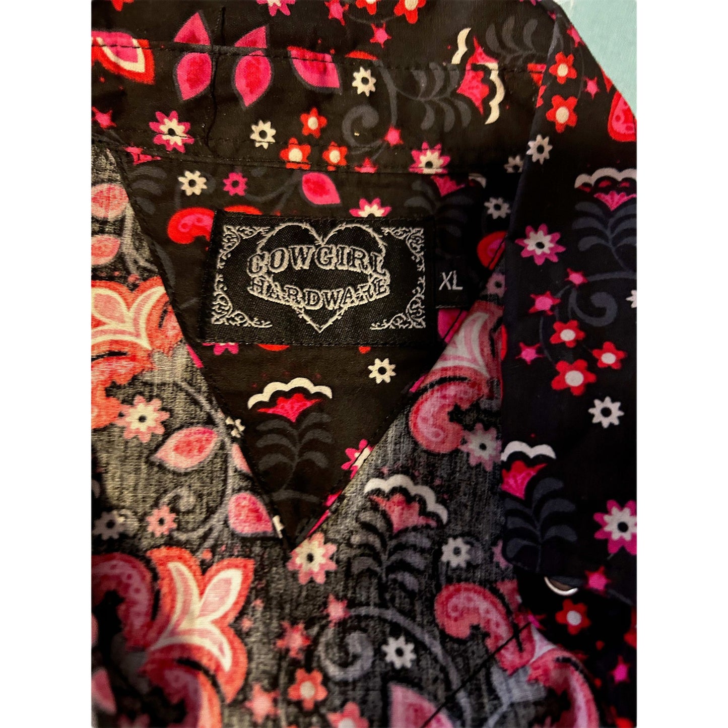 Damen Bluse Western Gr S Schwarz Pink Baumwolle Druckknöpfe Glitzer Vintage