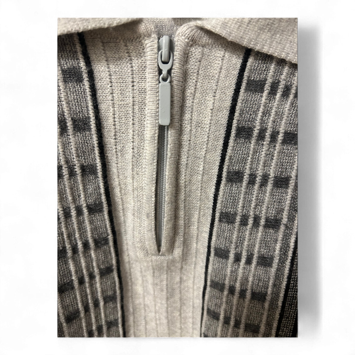 Retro Pullover Herren M Beige Braun Muster Halbzip Schurwolle Acryl Vintage Style