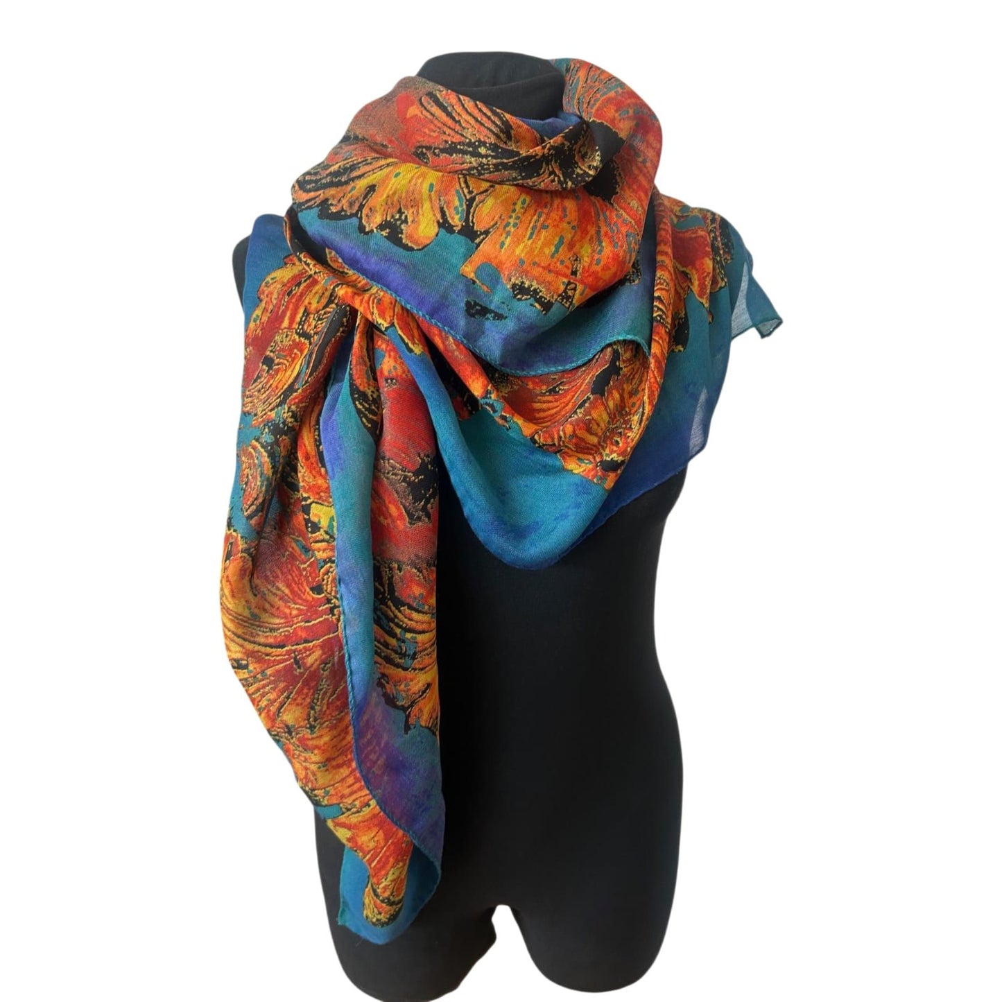 Großes Damen Tuch 120x120 cm Orange Blau Blumen weich quadratisch