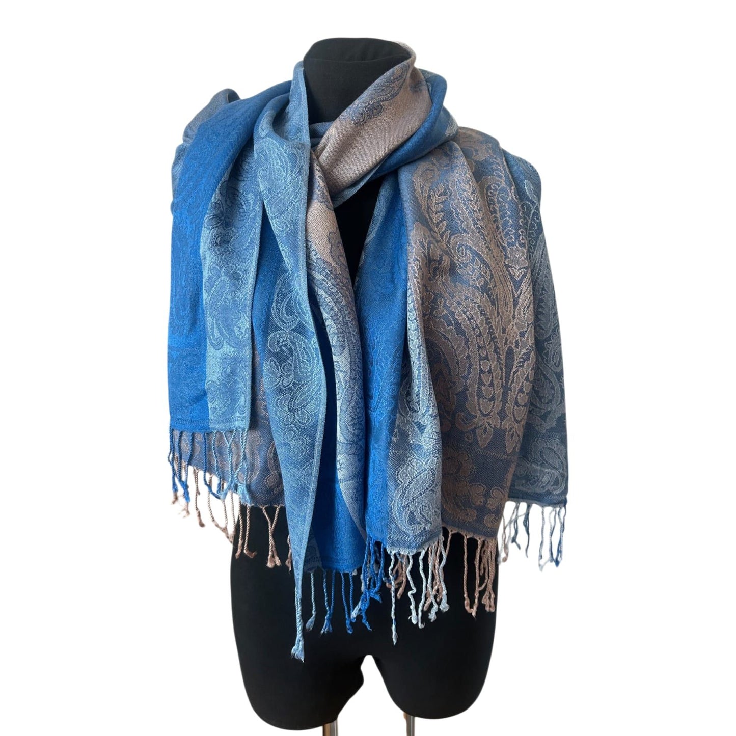 Damen Kaschmirschal Kaschmir Seide Blau Taupe Paisley 180x70 cm