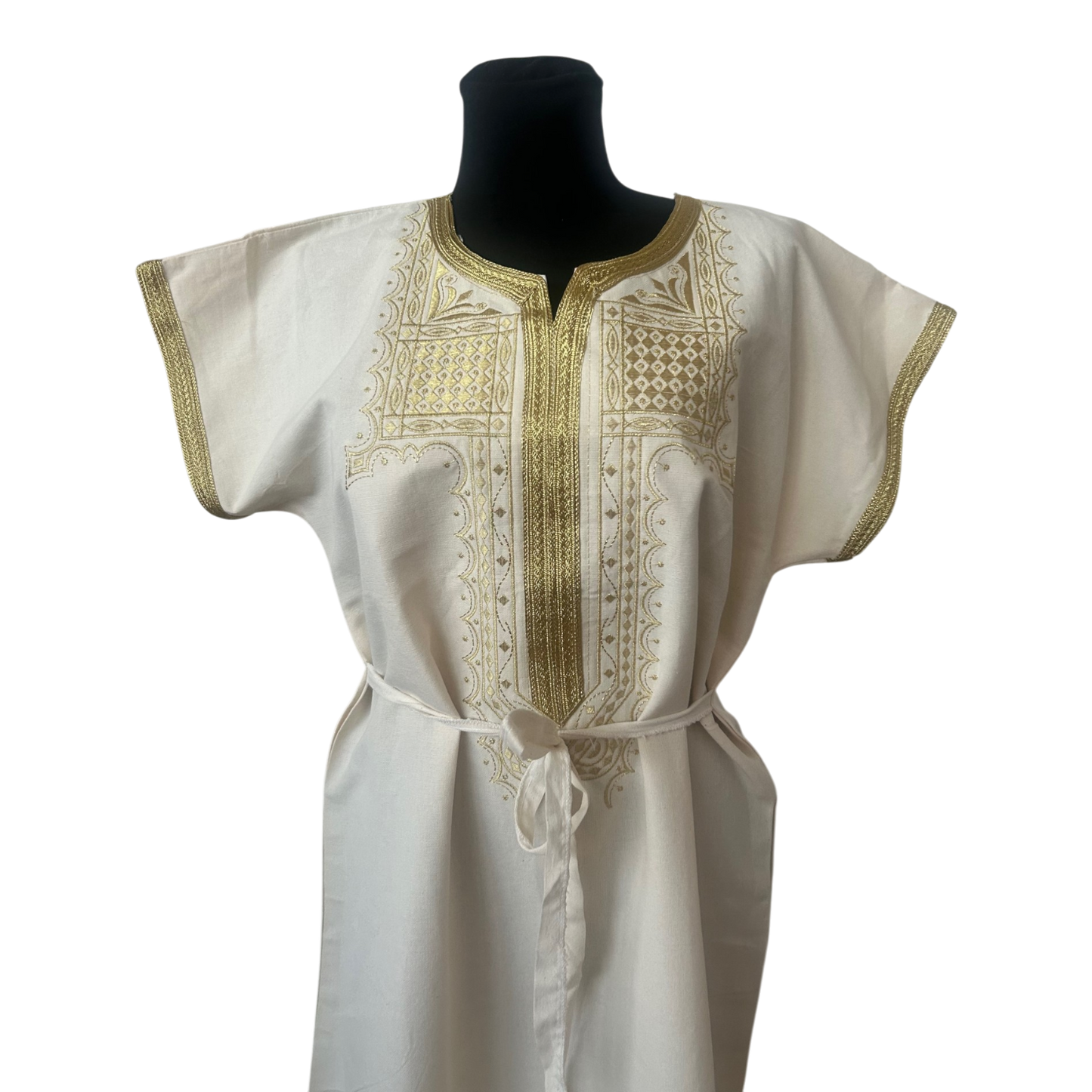 Kaftan Kleid XL Weiß Gold Leinenlook Tunika Boho Maxikleid Fransen Gürtel