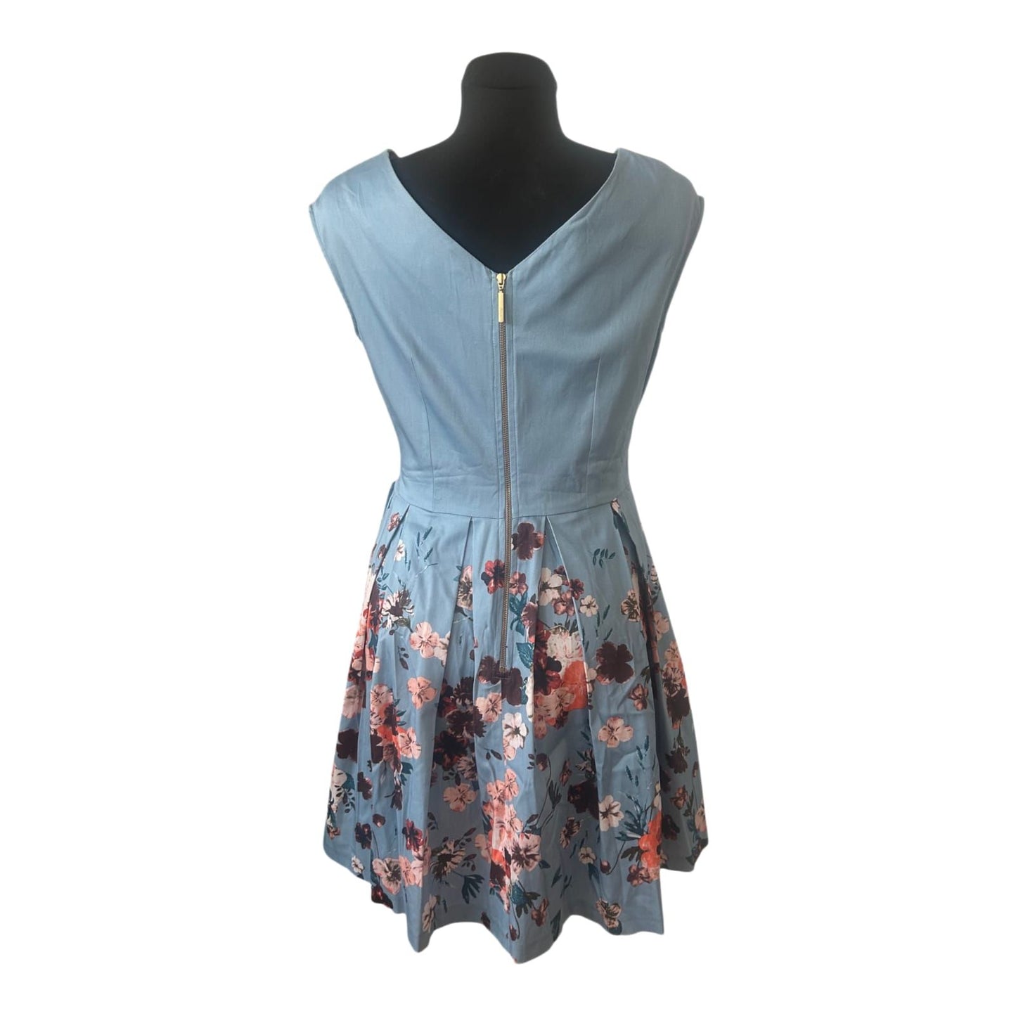 Closet London Kleid Gr. 42 Blau Blumen A-Linie Bindegürtel Festlich Elegant
