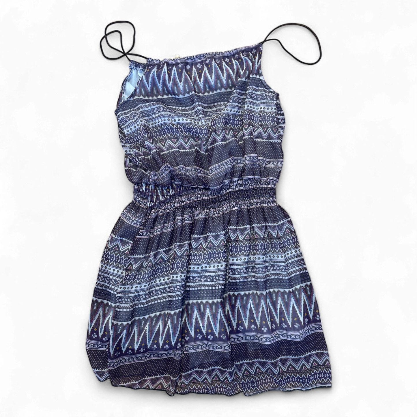 Damen Kleid Dress Sommerkleid Gr. 40 Lila Braun Ethno Träger Federn Gummizug