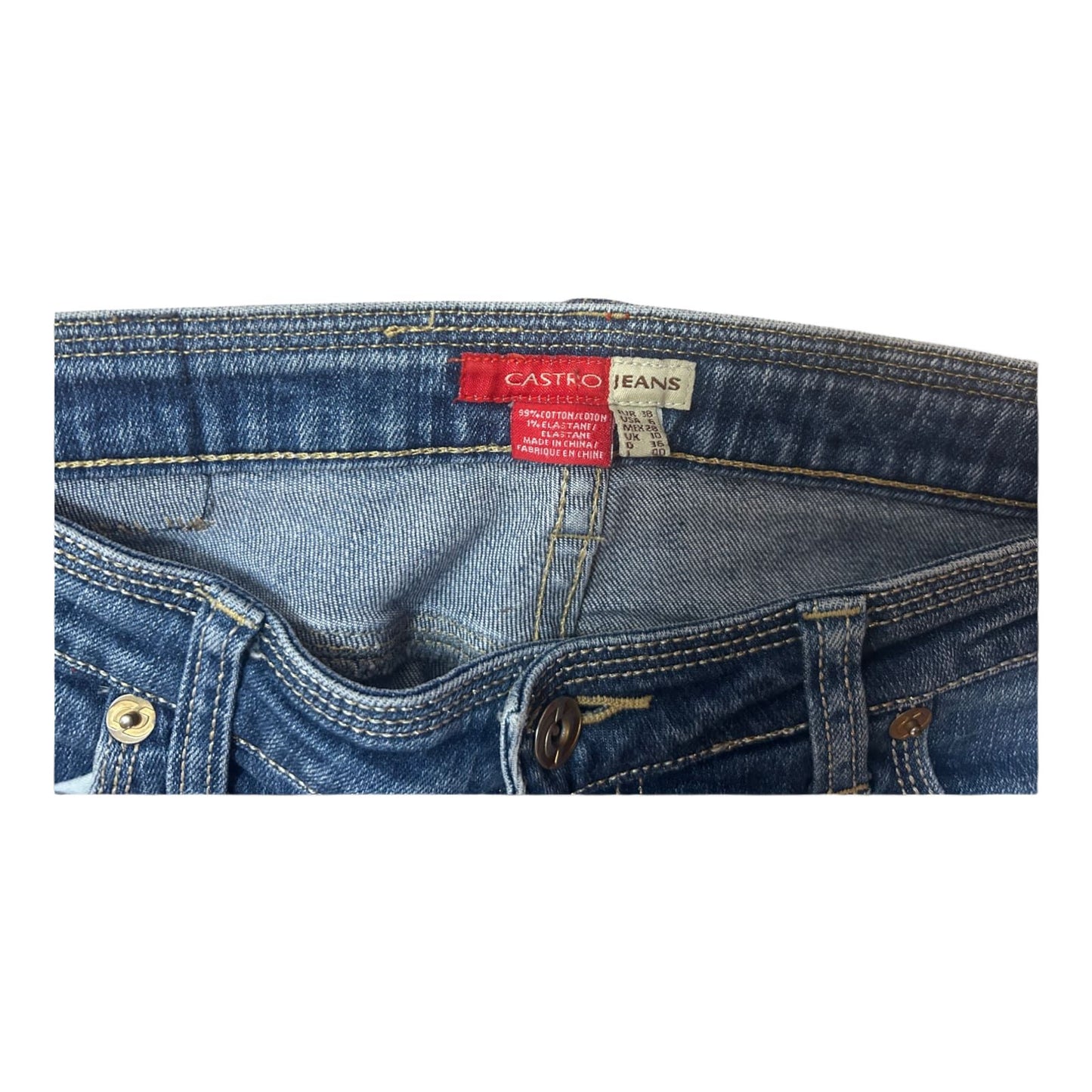 Castro Skinny Jeans Gr 38 Stretch Denim Dunkelblau Zipper Saum Gold Logo Patch